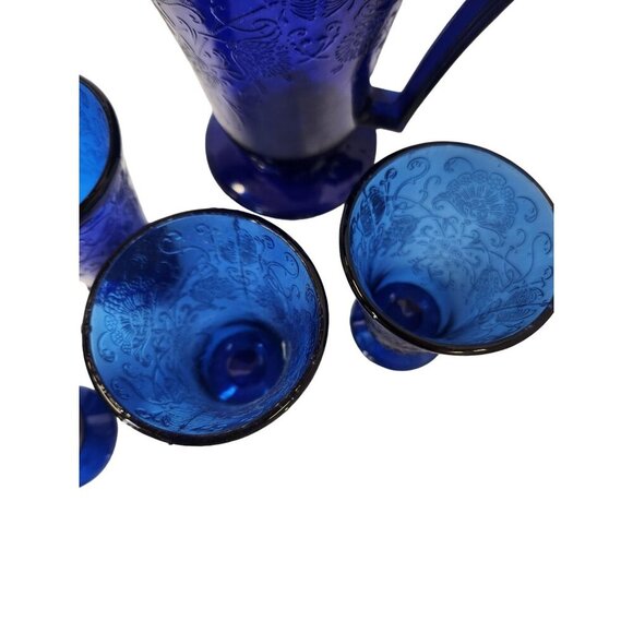 Vintage Cobalt Blue Glass Pitcher Set Florentine 2 Upper Deck 5 Piece Taiwan Emb - Picture 11 of 16